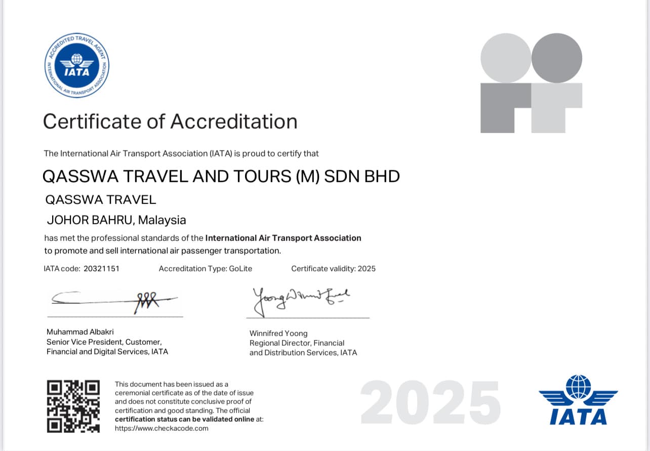 Qasswa's certificate of accreditation from International Air Transport Association (IATA)