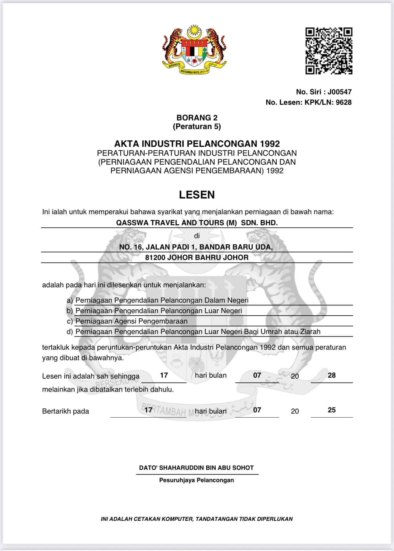 Qasswa's tourism operating licence from Kementerian Pelancongan, Seni dan Budaya Malaysia (MOTAC)