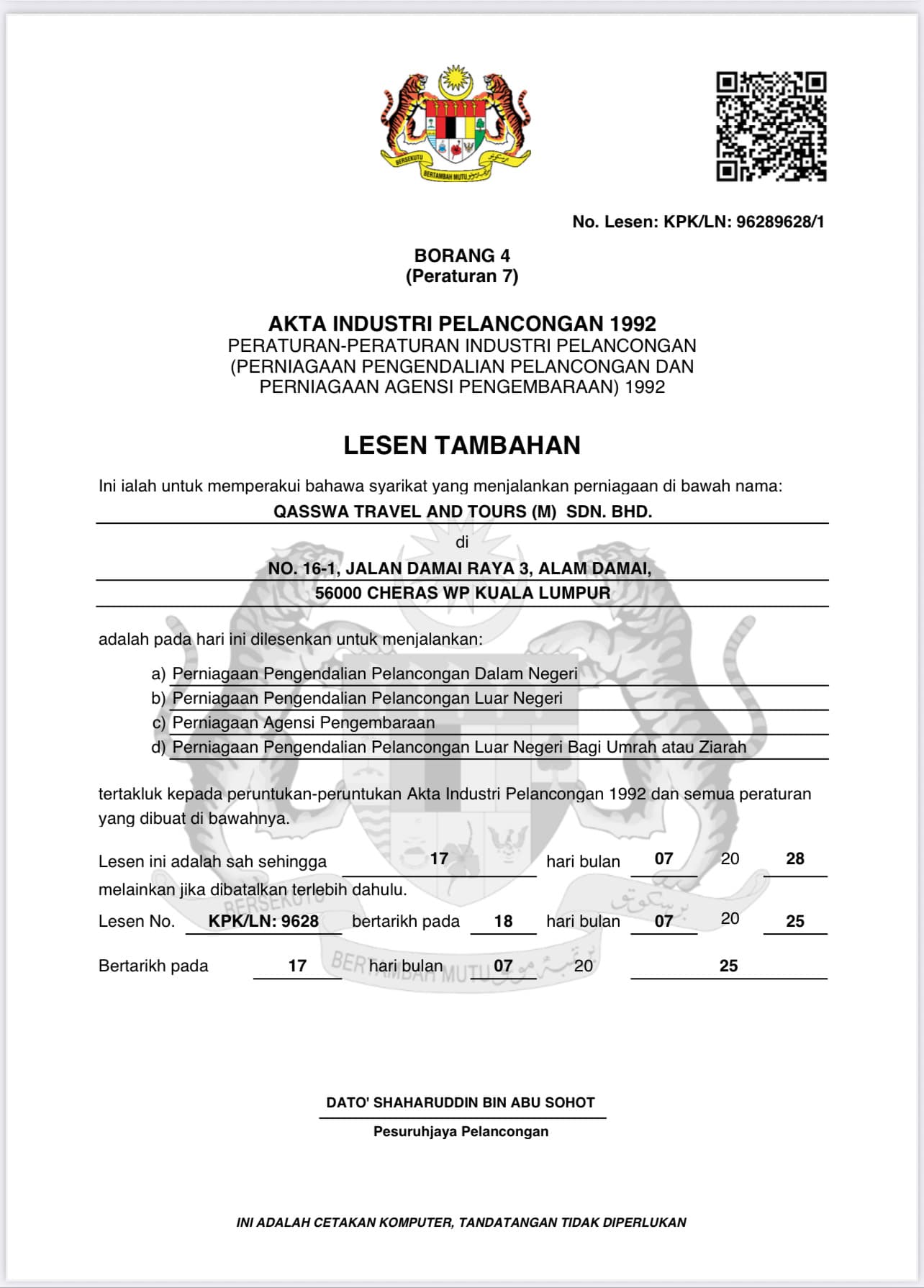 Qasswa's additional licence from Kementerian Pelancongan, Seni dan Budaya Malaysia (MOTAC)
