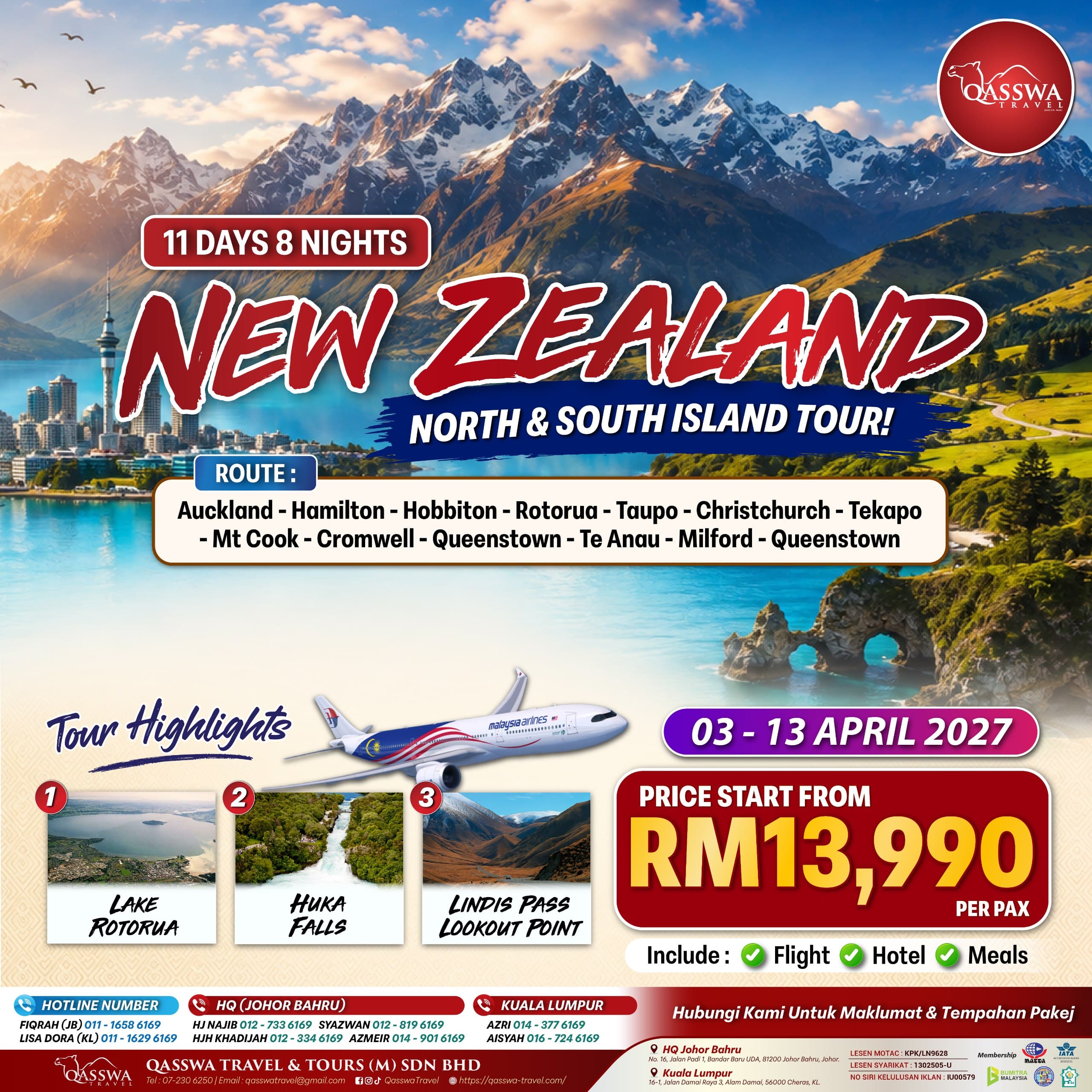 Poster New Zealand: Pulau Utara & Selatan dari Changi (3–13 Apr 2027) · 11H8M