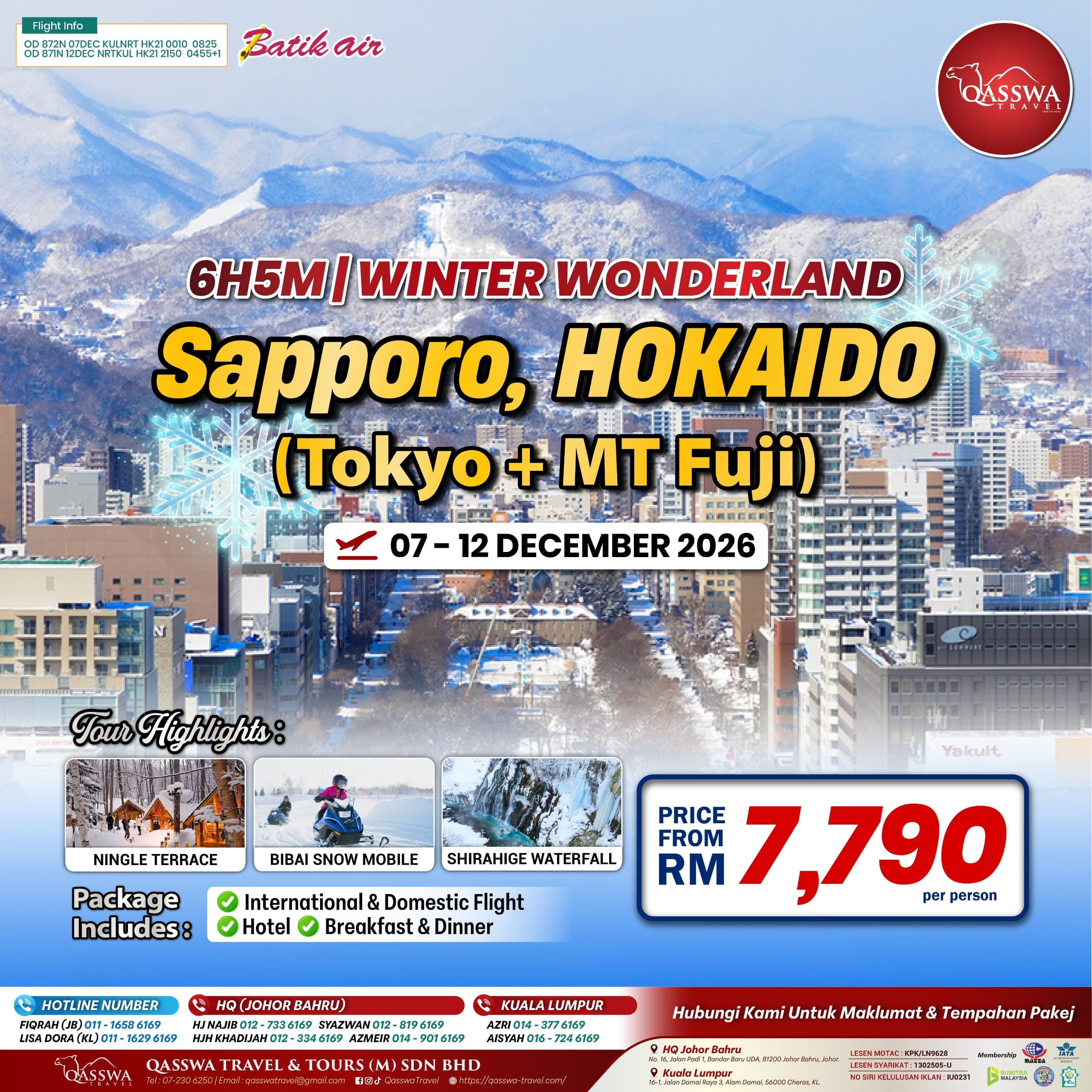 Poster Sapporo Musim Sejuk: Hokkaido, Tokyo & Mt. Fuji (7–12 Dis 2026) · 6H5M